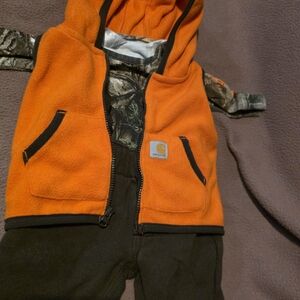 Carhartt Orange Fleece Vest with Camo Shirt Brown Pants